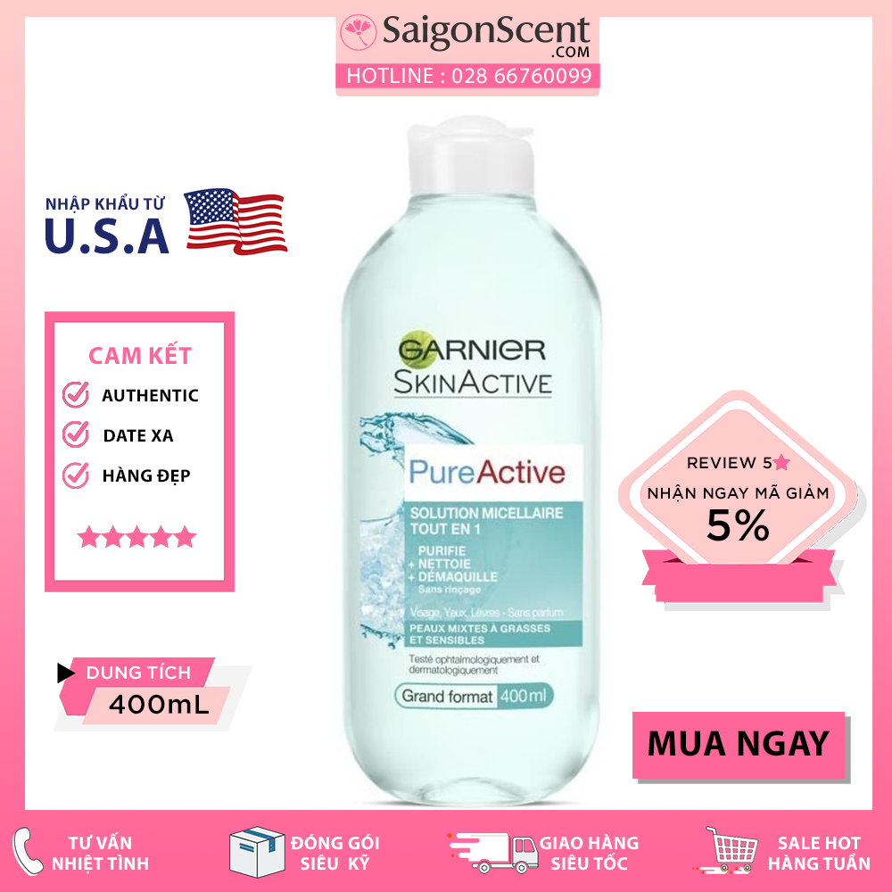 Tẩy trang Garnier Skinactive Pure Active Solution Micellaire Tout en 1