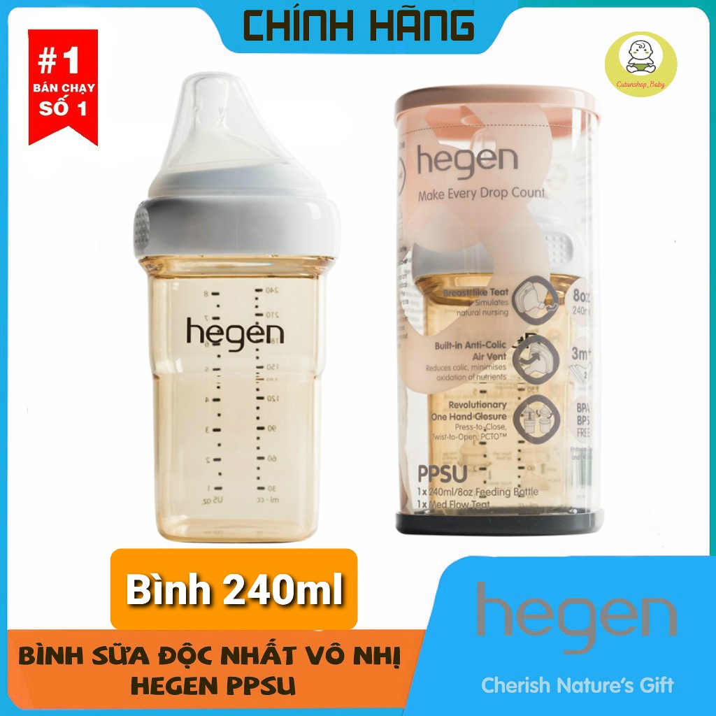 Bình sữa Hegen PPSU 240ml núm ti dành cho bé 3-6 tháng tuổi
