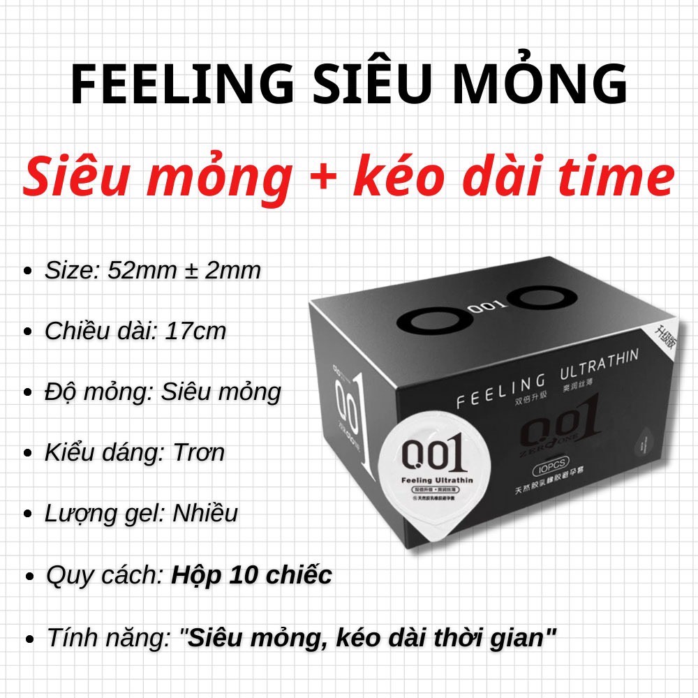 [Che tên] Bao cao su siêu mỏng OLO 001 nhiều Gel bôi trơn, Kéo dài thời gian quan hệ, Hương vani Feeling Ultrathin - Hộp 10 bao