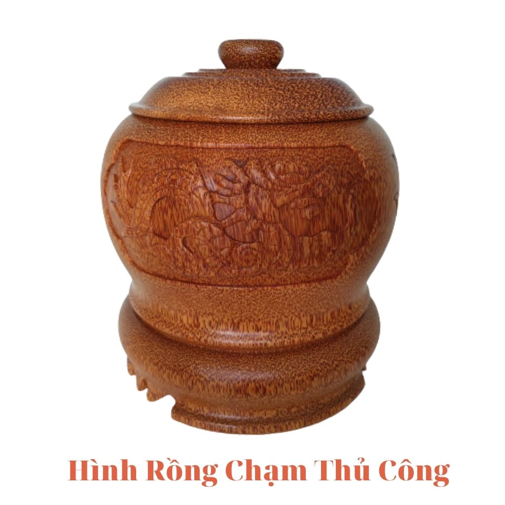 Bộ giữ ấm bình trà gỗ dừa nguyên khối chạm thủ công hình "long phụng" và bình trà 700 - 1200ml