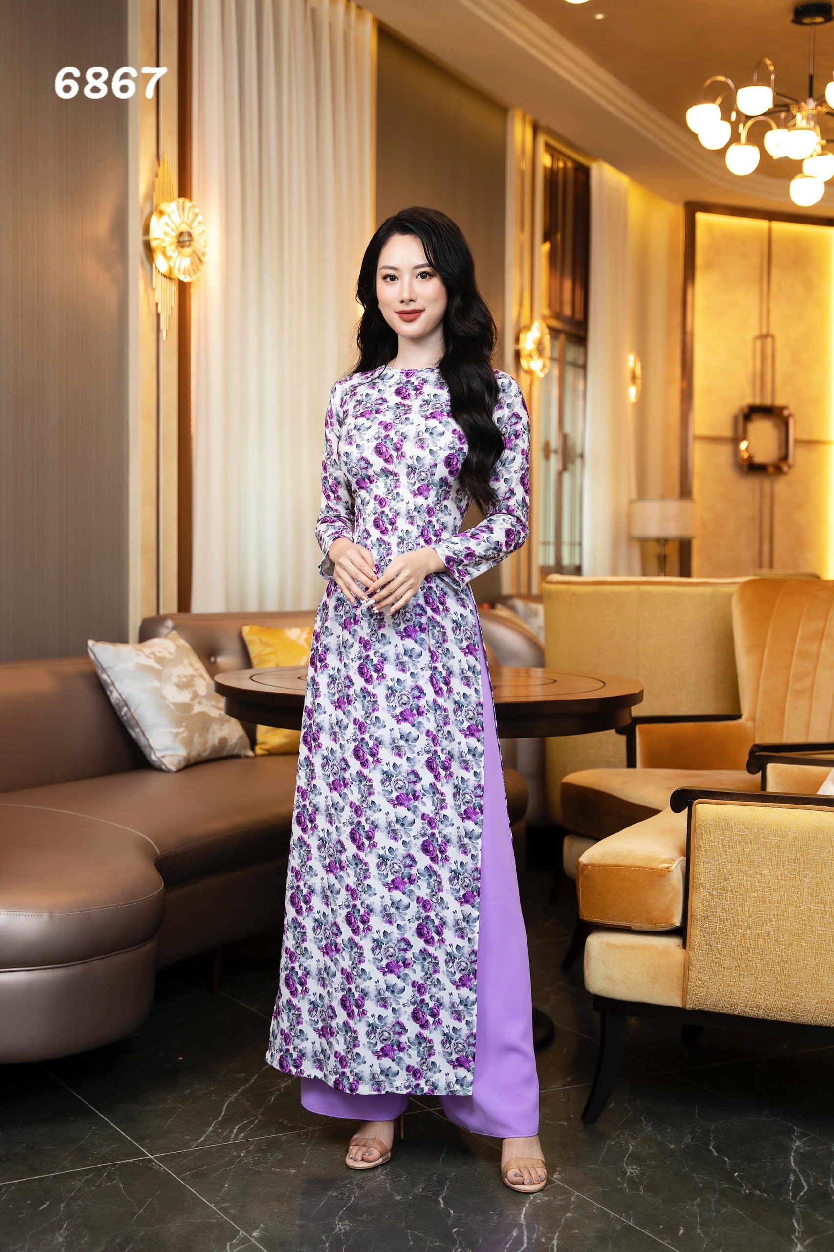 Em6867 áo dài tím cổ tròn