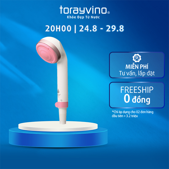 Vòi sen tắm khử Clo màu Hồng Torayvino RSC52, Không dùng điện, Nhỏ Gọn, Công suất 12000L, Dễ lắp đặt, Mịn da, Khỏe tóc, Nguyên kiện từ Nhật