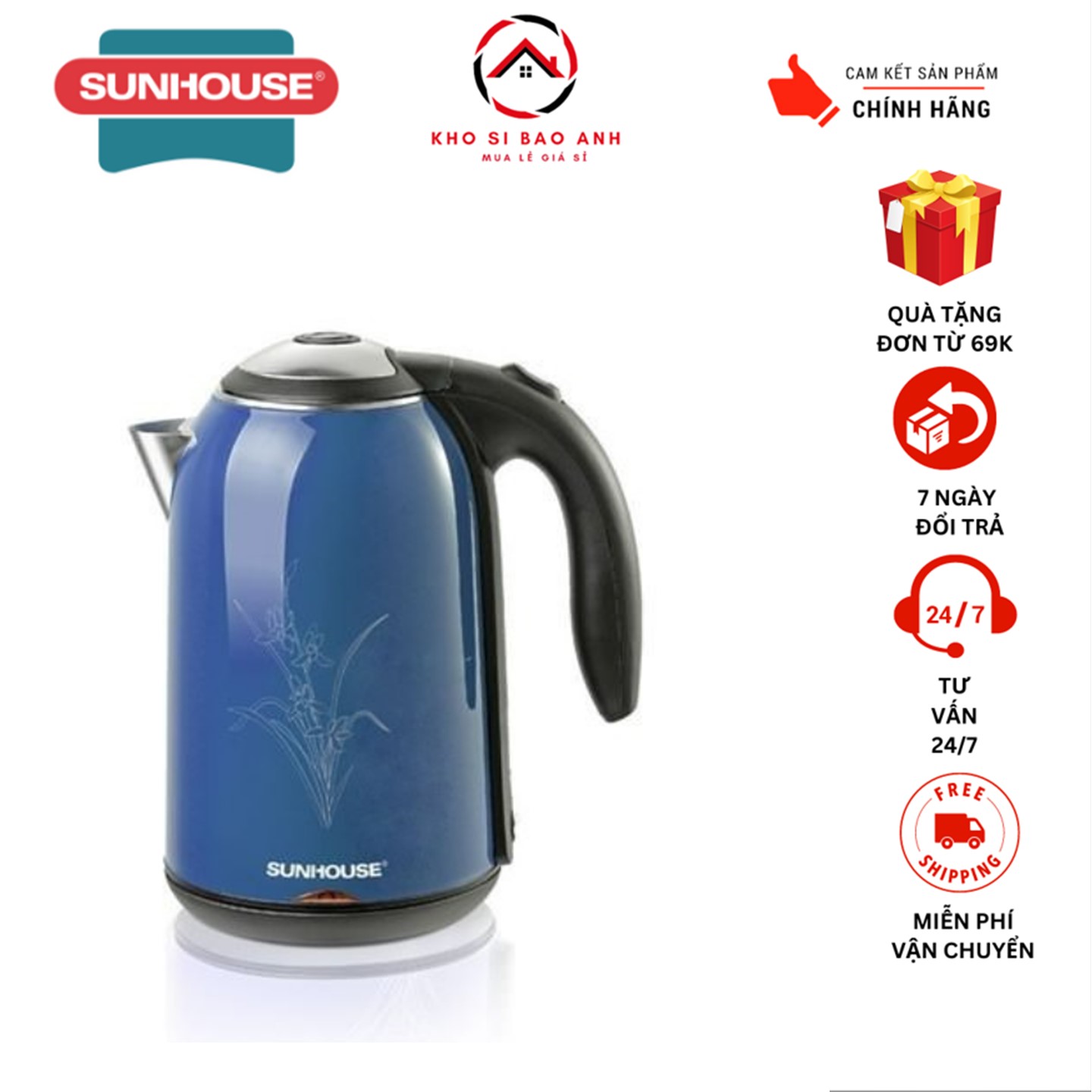 Ấm siêu tốc inox 2 lớp sunhouse shd1382b 2 lớp cách nhiệt - dung tích 1.8l - công suất 1500w - bảo hành 12 tháng - hàng chính hãng