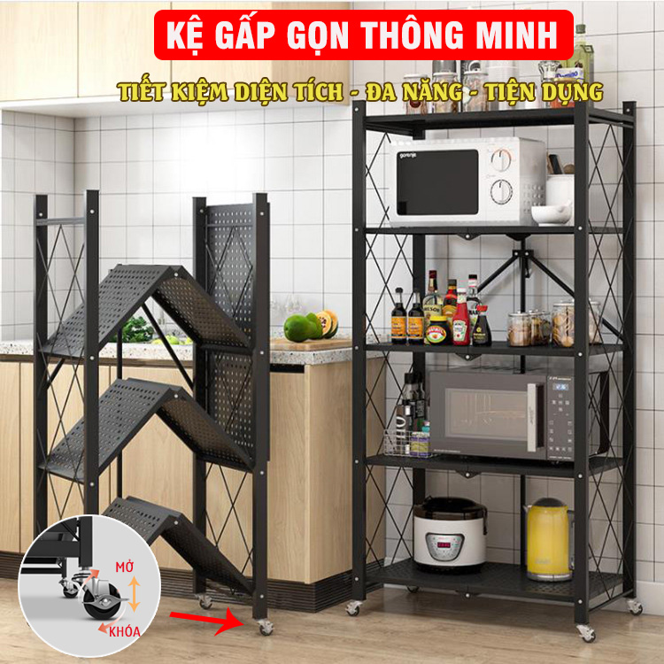 Kệ gấp gọn đa năng, có bánh xe di chuyển mọi nơi, gấp gọn tiết kiệm diện tích, kệ đựng đồ thông minh nhà bếp