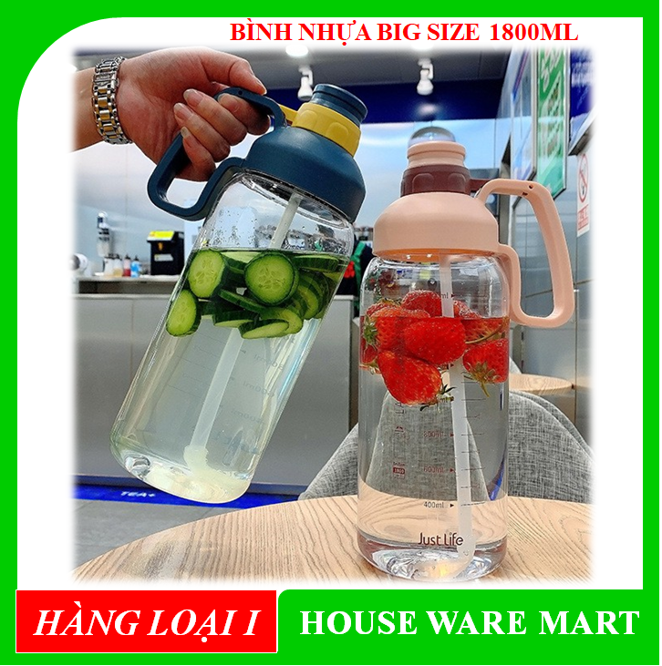Bình nhựa big size 1800ml , bình đựng nước tập GYM cao cấp, có ống hút và vạch chia ml rất tiện lợi