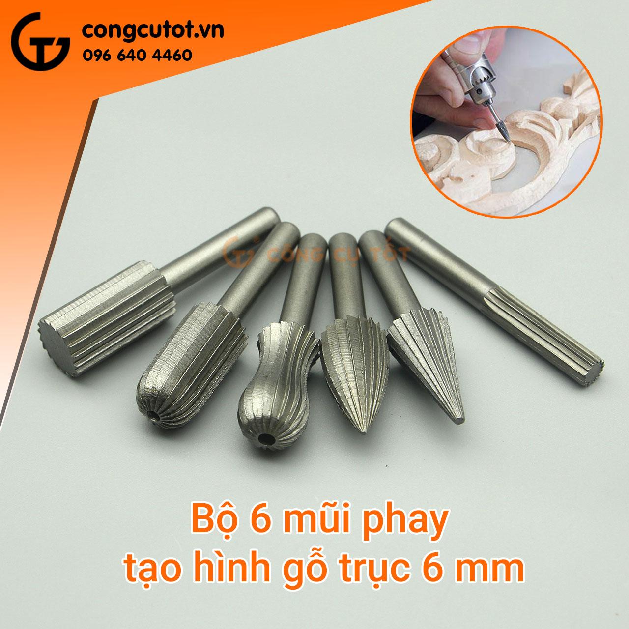 Bộ 6 mũi phay tạo hình gỗ trục 6mm