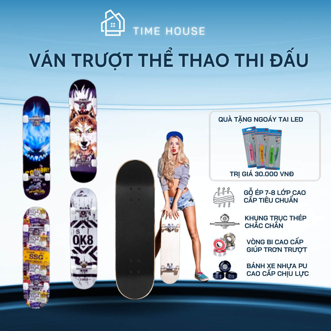 Ván trượt thể thao, Ván trượt người lớn cao cấp đạt chuẩn thi đấu, ván trượt thể thao mặt nhám 8 lớp, bánh PU hợp kim siêu cứng chịu tải lớn kiểu dáng trẻ trung, năng động Bảo hành 12 tháng lỗi đổi mới trong 7 ngày