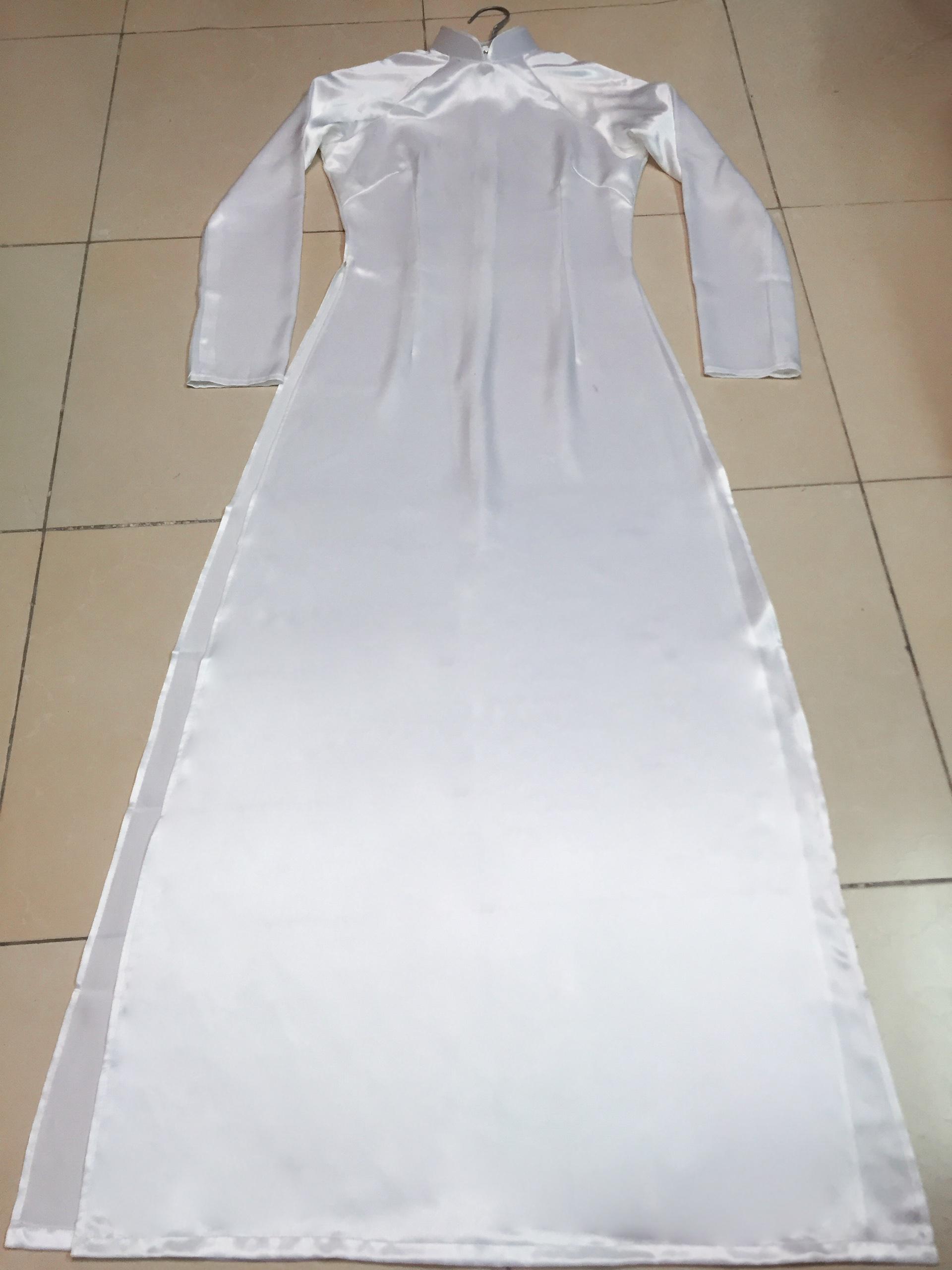 Áo dài phi bóng trắng kiểu có cổ 2,5cm tay dài - loại vải phi bóng chất lượng rất cao, áo dài trắng học sinh đi học