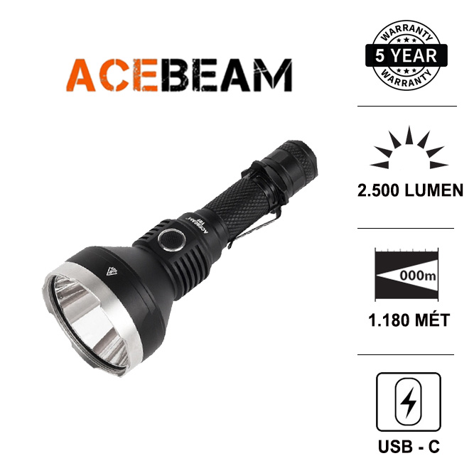 Đèn pin chiếu xa ACEBEAM T27 độ sáng 2500 lumen xa  1180m cổng sạc USB type Csử dụng 1 pin 21700 5100mAh (đi kèm) Đèn Đèn pin