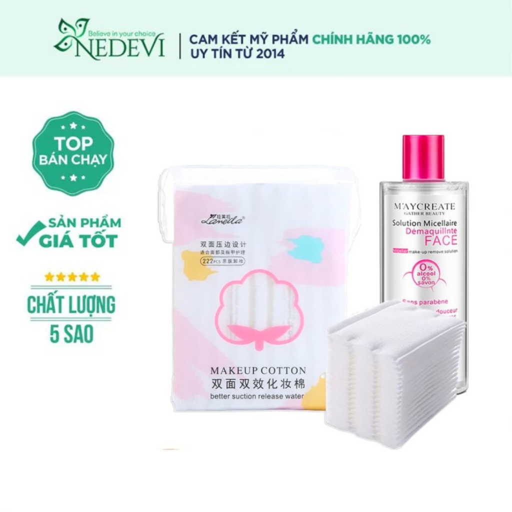 Combo 1 bông tẩy trang Lameila 222 miếng +1 Nước tẩy trang Maycreate Nắp Hồng 300ml tẩy trang sạch sâu, mềm mịn da