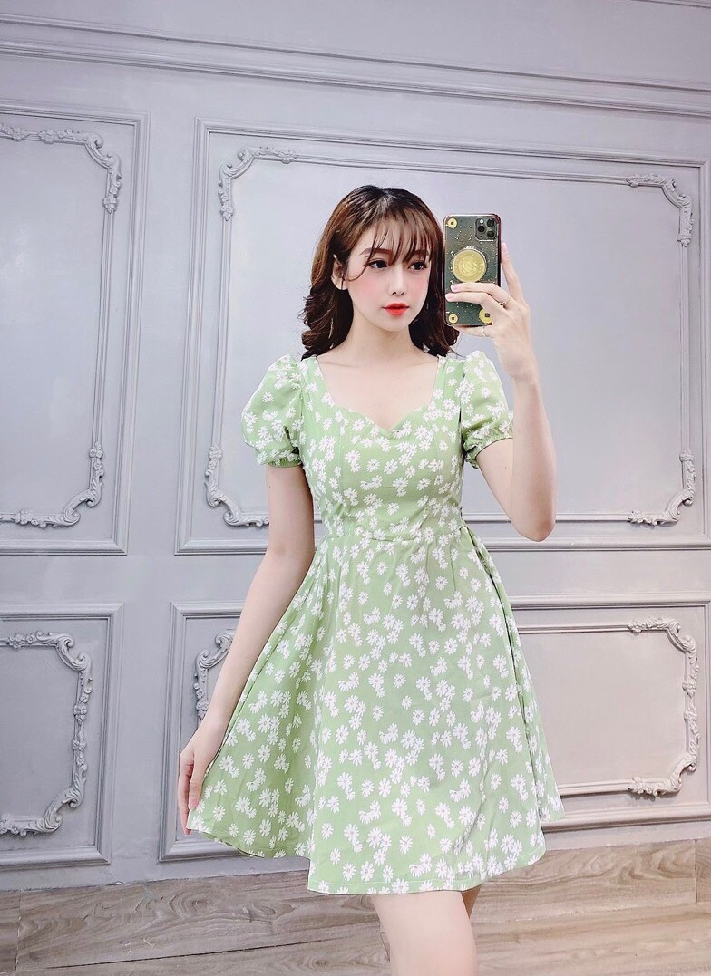 Váy Đầm Nữ Hoa Cúc Tay Phồng ( Chất Liệu Lụa ) Thời Trang Nữ KEMPK