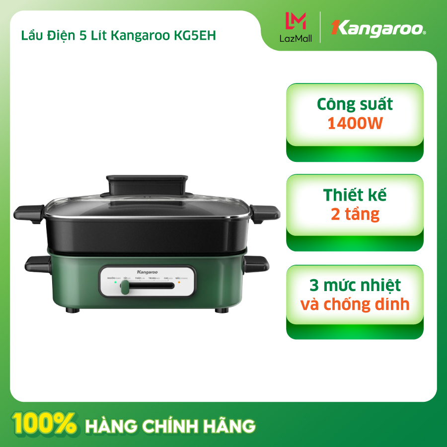 Lẩu điện Kangaroo KG5EH - dung tích 5 lít - công suất 1400W - 3 mức nhiệt tùy chọn - Hàng chính hãng