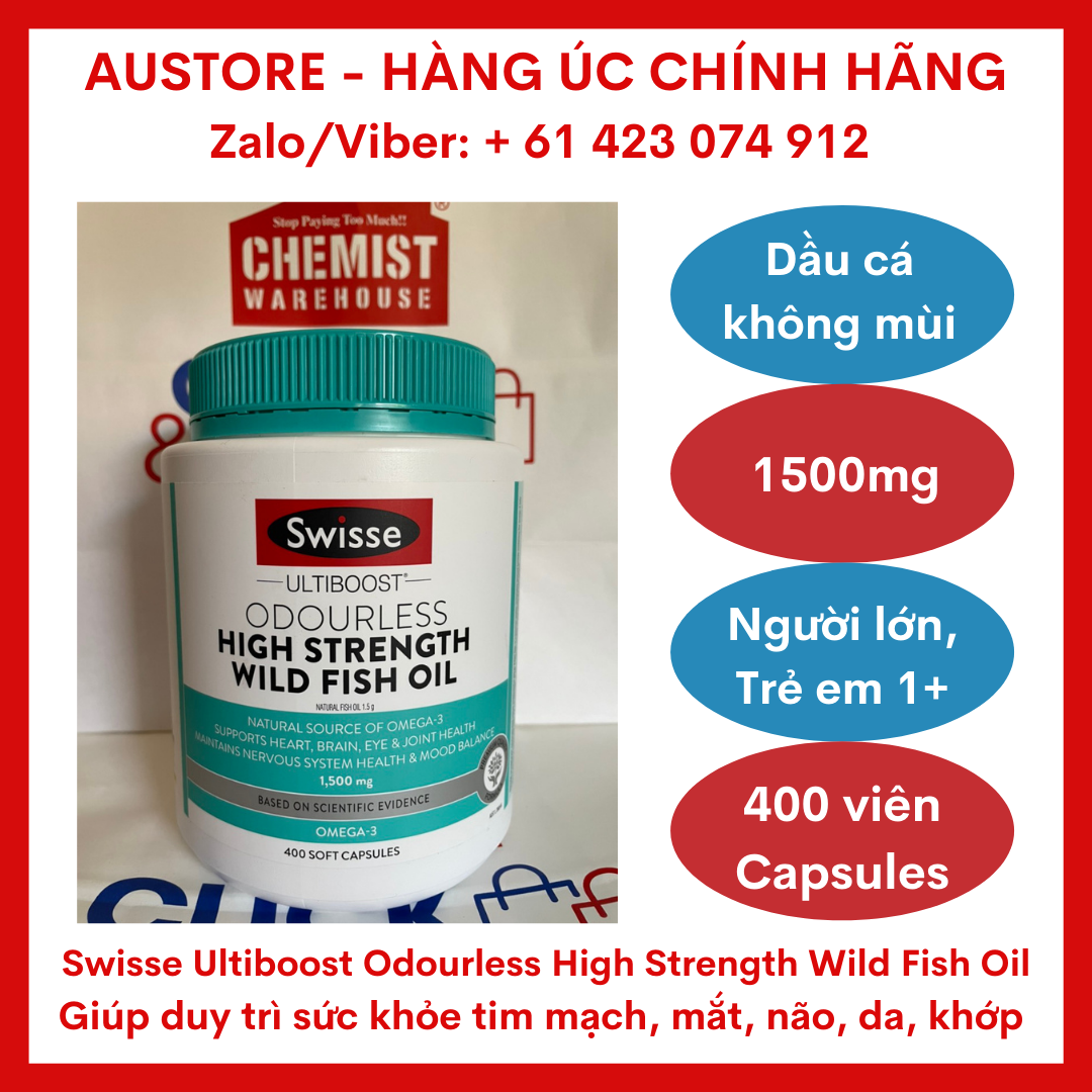 [Bill Úc, Date mới] Swisse Ultiboost Odourless High Strength Wild Fish Oil 1500mg 400 Capsules, 200 Capsules - Dầu cá biển liều cao không mùi Swisse cung cấp 1,5x Omega 3 hỗ trợ sức khỏe tim mạch, mắt, não, da & xương khớp