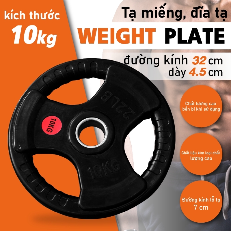 GYM- Tạ miếng, tạ bánh  3 lỗ  (phi: 50mm) cao cấp lõi thép đặc bọc cao su non 10kg Mẫu mới  2023
