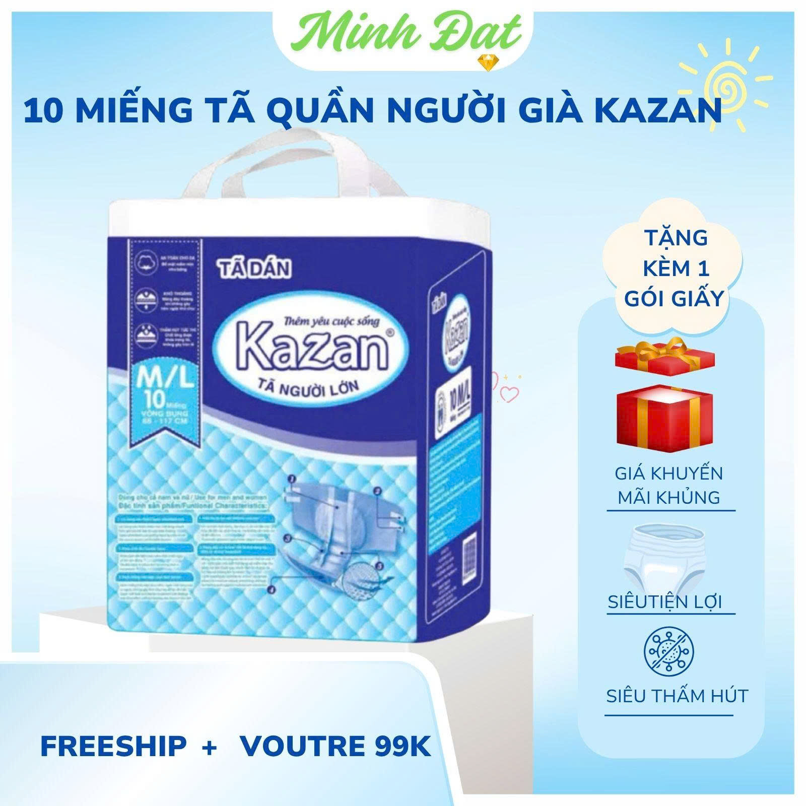 10 Kazan Diapers for the Elderly Super Convenient Size M-L and Size XL for People from 35 -75 kg Giá 79,000 Đồng*Miễn phí vận chuyển