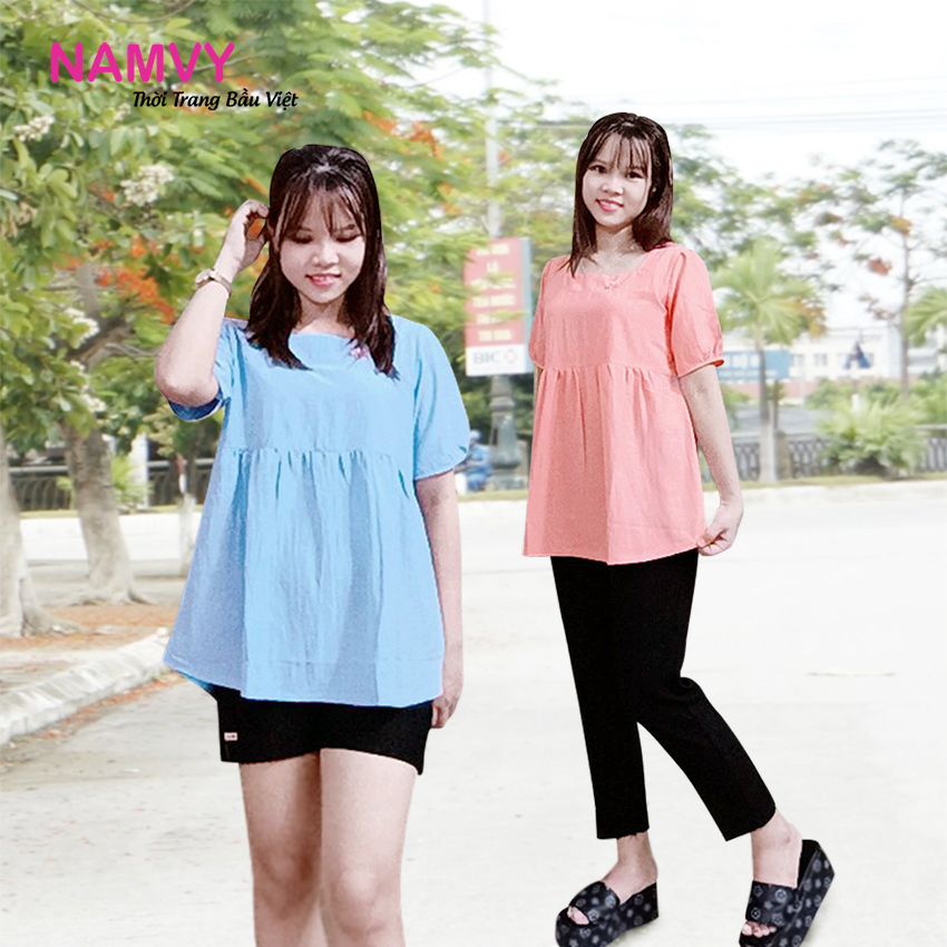 Áo bầu đẹp tay ngắn cổ vuông Linen thun đẹp mát, áo bầu công sở size 47-65kg