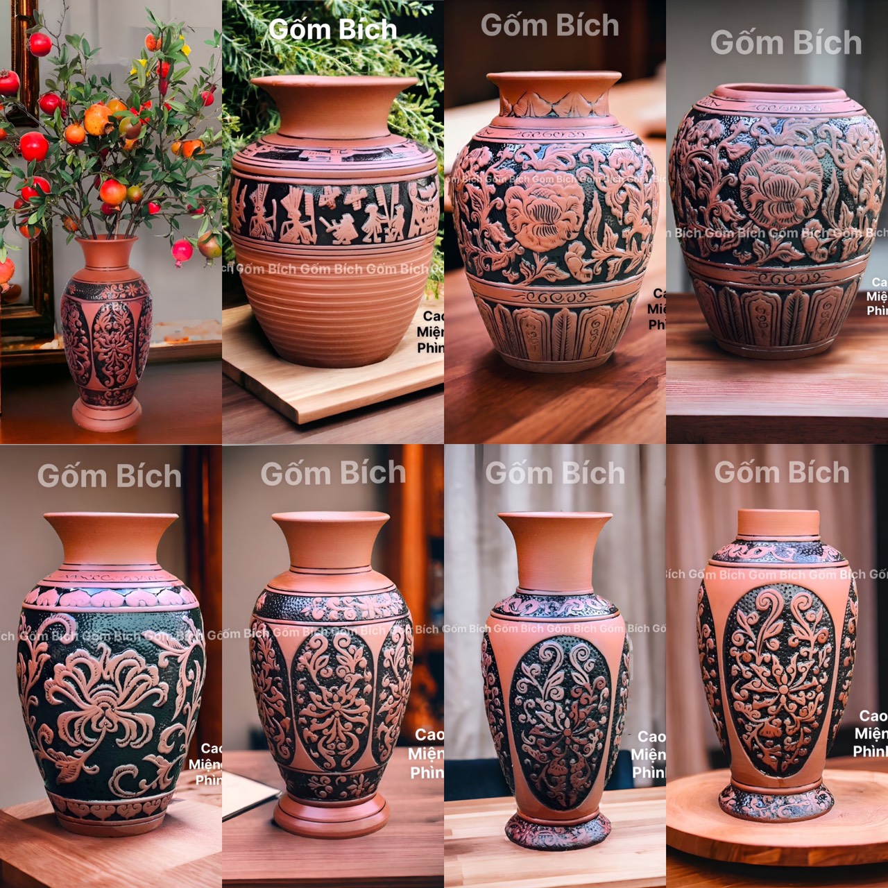 Bình hoa gốm khắc hoa sen cổ phù dung nổi nhiều mẫu gốm sứ bát tràng lọ hoa đất đỏ - gốm bích