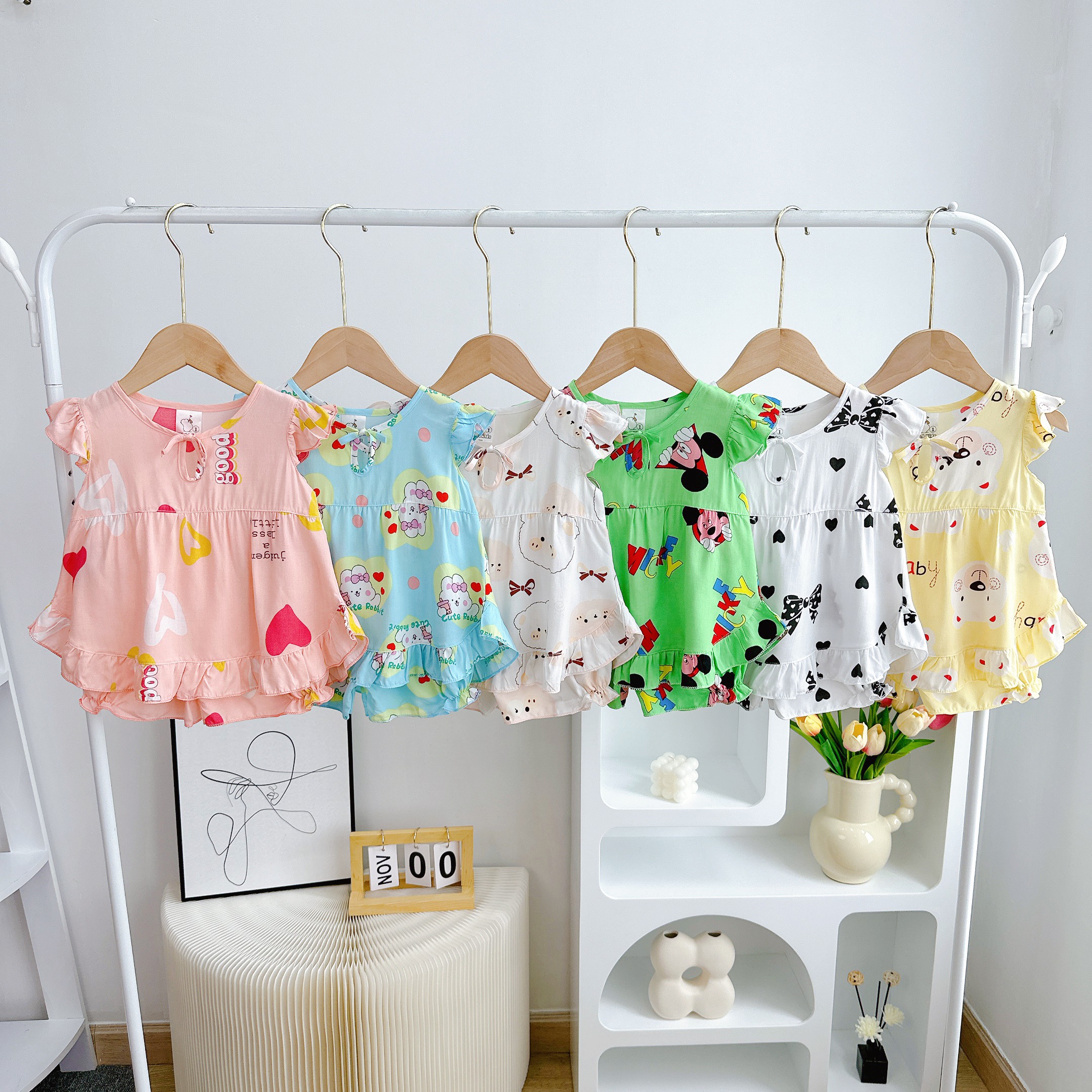 Đồ bộ tôn mẫu sát nách lai tròn họa tiết xinh xắn cho bé gái 7-13kg