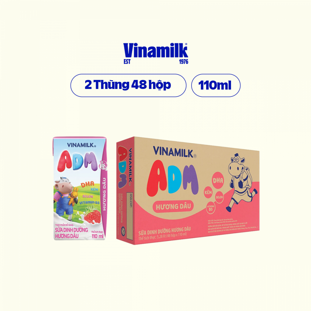 2 Thùng Sữa dinh dưỡng Vinamilk ADM Gold IQ Hương dâu Hộp 110ml - 48 hộp/Thùng