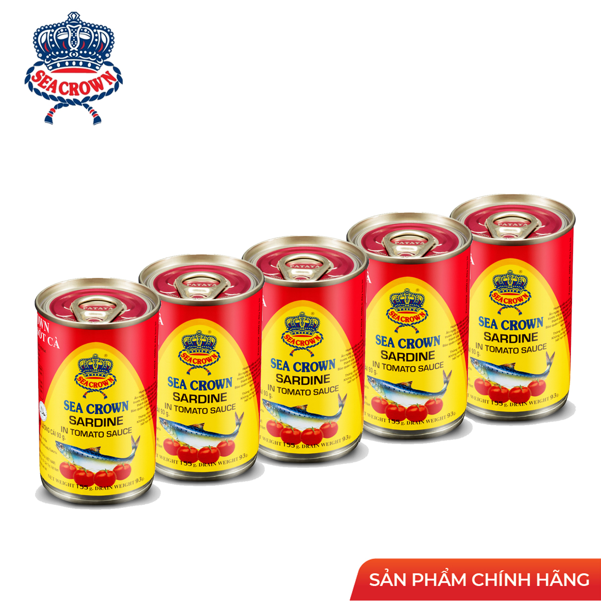 Lốc 5 hộp cá trích sốt cà sardine in tomato sauce sea crown 155 gram