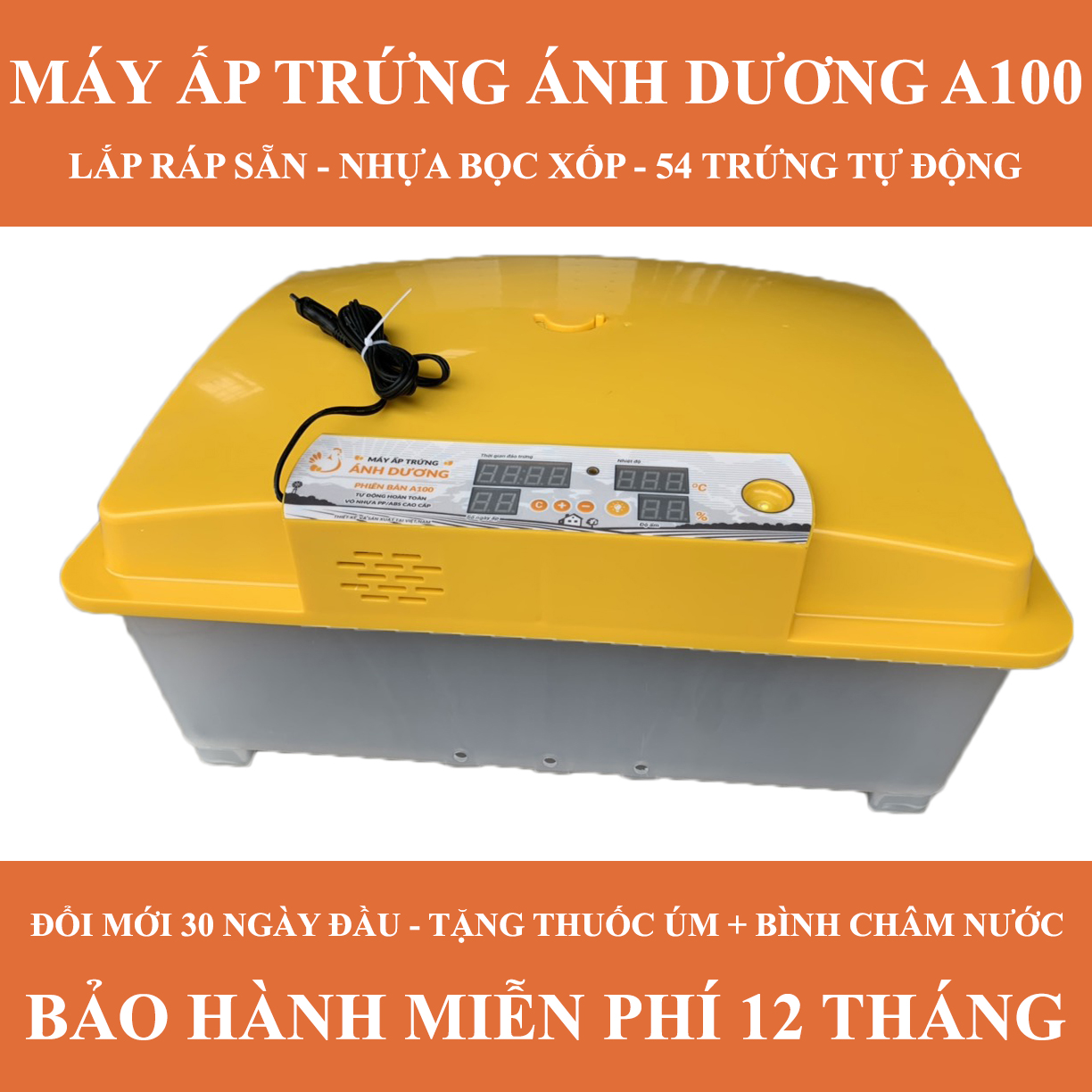 Máy ấp trứng mini Ánh Dương A100 - 1 khay đảo tự động bằng nhựa 50 quả - Phiên bản vỏ nhựa có bọc xốp - Lắp ráp sẵn
