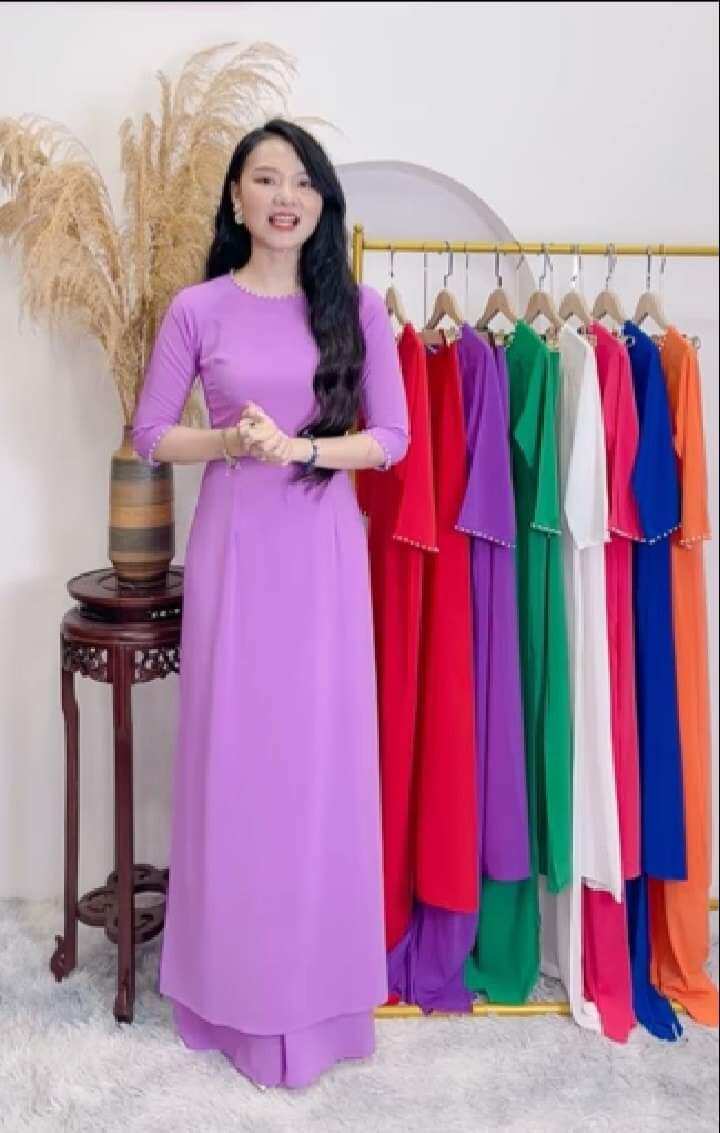 Áo dài truyền thống may sẵn màu tím cà nguyên bộ áo và quần