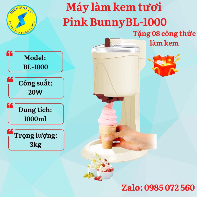 Máy làm kem tươi mini Pink Bunny BL-1000, làm kem trái cây cho 7-8 người, 1000ml, sử dụng cực dễ