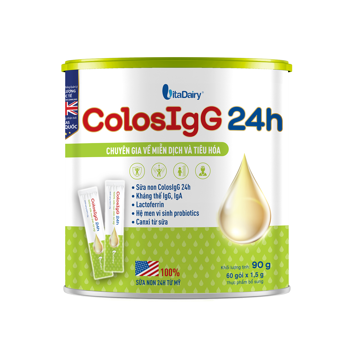 Sữa Non ColosIgG 24h dạng gói [60 gói 90g] 100% sữa non nhập khẩu từ Mỹ giúp tăng cường miễn dịch cho trẻ em và người lớn, thiết yếu cho mùa dịch