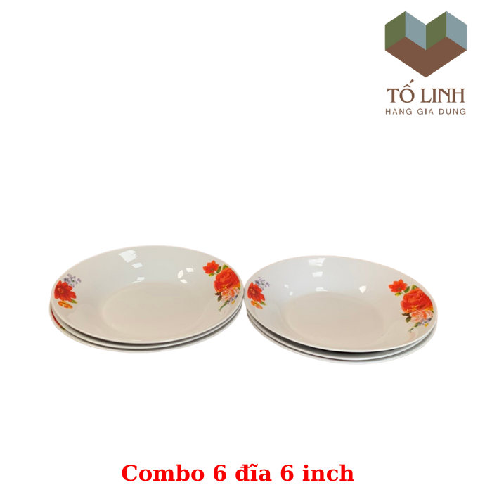 Combo 6 đĩa gốm sứ 6 inch 15cm,set 6 cái đĩa gốm sứ hoa đỏ