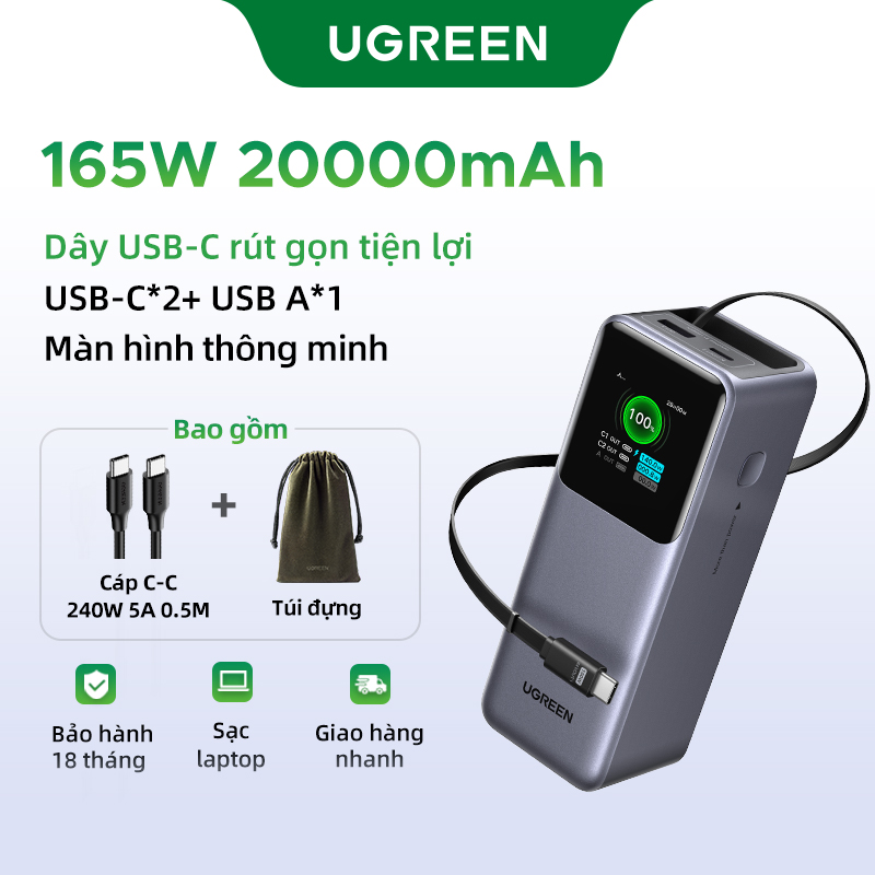  dạng cột Pin Dự Phòng UGREEN 130W 20000mAh 72Wh | 25000mAh 200W 90Wh Laptop PowerBank Sạc Siêu Nhanh 100W PD3.1 2C1A Fast Charging Cho Macbook Air   Pro Lenovo SAMSUNG 45W Fast Charging 