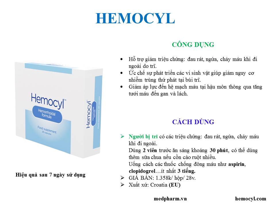 Hemocyl - Hỗ trợ giảm triệu chứng: đau rát, ngứa, chảy máu khi đi ngoài do trĩ