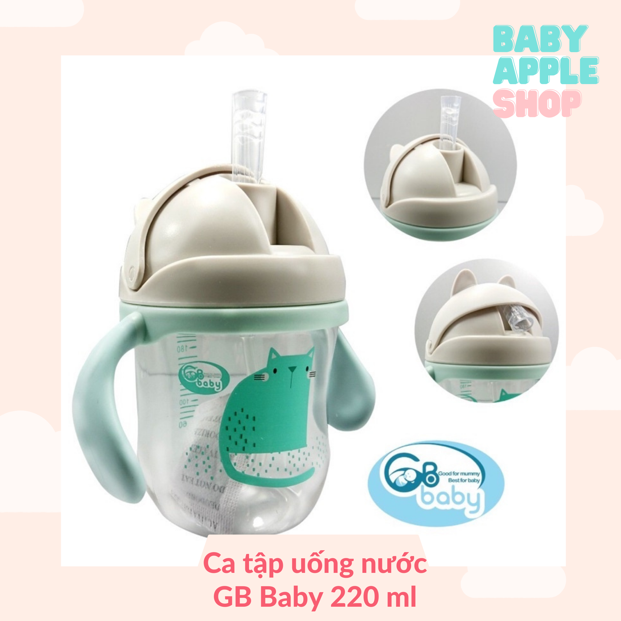 Ca tập uống nước gb baby nhựa tritan mèo có van chống sặc tiện lợi cho bé 220ml