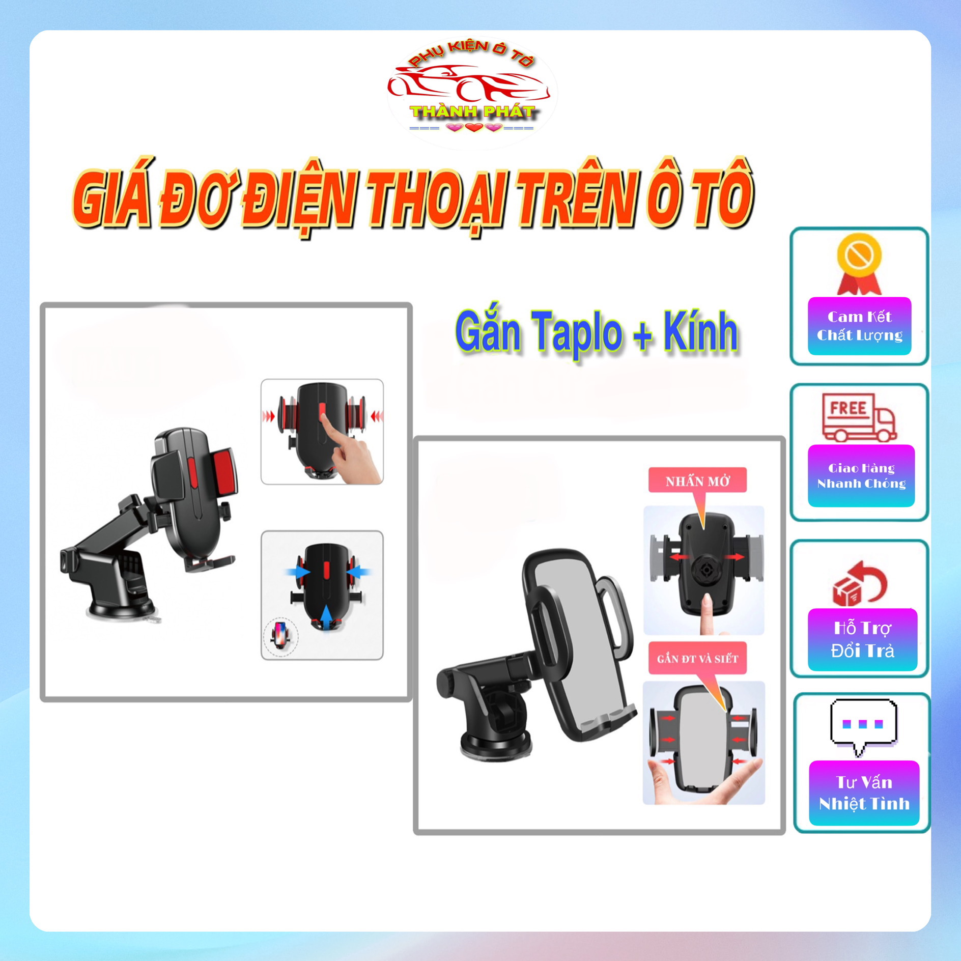 Giá đỡ kẹp điện thoại dùng trên ô tô xe hơi xoay 360 độ gắn taplo và kính xe