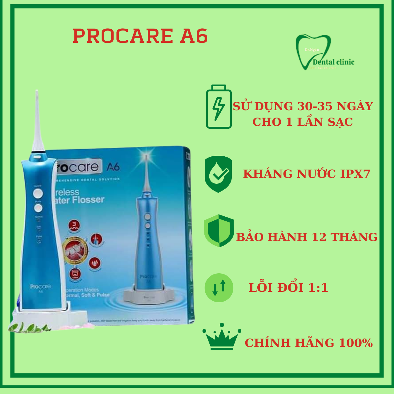 Máy Tăm Nước PROCARE A6 - Máy Tăm Nước vệ sinh răng miệng nha sỹ khuyên dùng - HÀNG CHÍNH HÃNG⭐