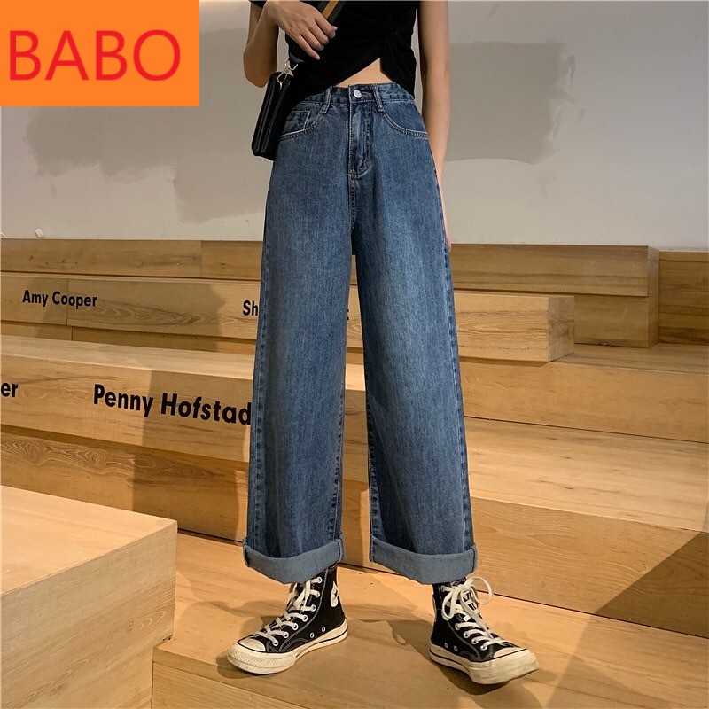 [ FREESHIP HOT ] QUẦN JEAN ỐNG RỘNG NỮ LƯNG CAO MÀU XANH ĐẬM LAI CUỐN CỰC CÁ TÍNH CAO CẤP BABO
