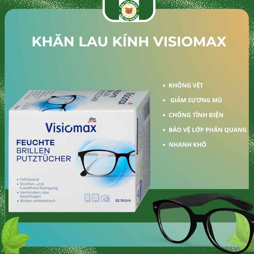 Khăn lau kính ẩm Visiomax Đức 52 miếng – không vệt, giảm sương mù, chống tĩnh điện, nhanh khô.