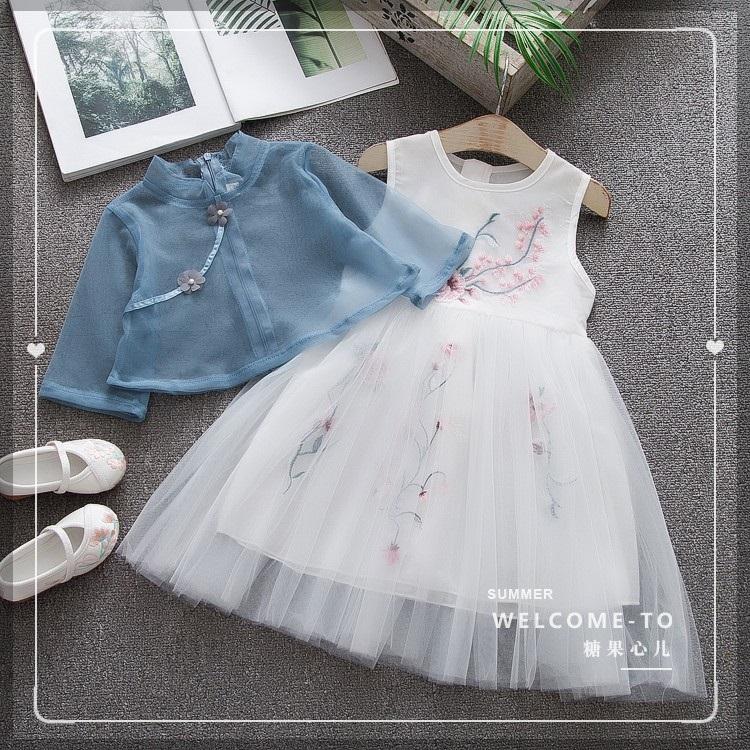 Set váy thêu hoa kèm áo cổ tàu cho bé gái size 12-22kg