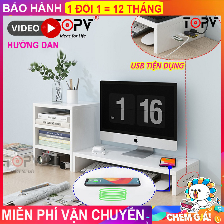 Kệ máy tính gỗ để bàn giá đỡ laptop nâng pc 1 2 tầng trắng kệ màn hình decor bàn học kê vi tính TopV
