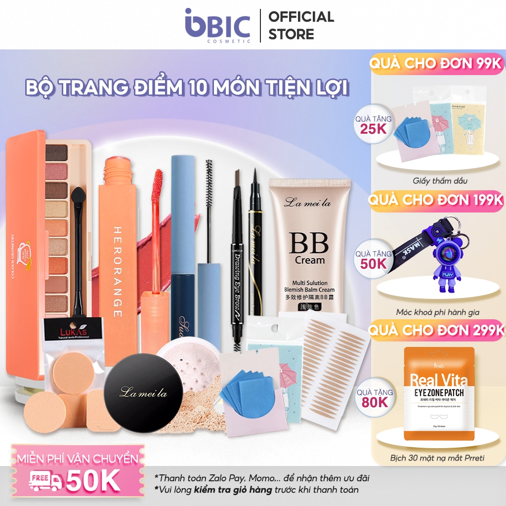 Bộ trang điểm cá nhân 10 món tiện lợi kèm ẢNH THẬT bộ trang điểm đầy đủ gồm Kem BB che khuyết điểm Phấn phủ Phấn mắt Mascara Chì kẻ mày Bút dạ kẻ mắt Son kem đồ trang điểm makeup đầy đủ set trang điểm BIC COSMETIC