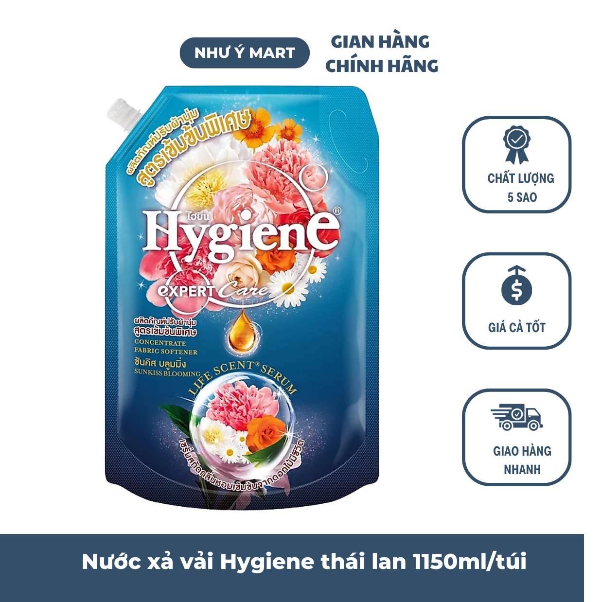 Nước xả vải hygien thái lan màu xanh aqua 1150ml/túi