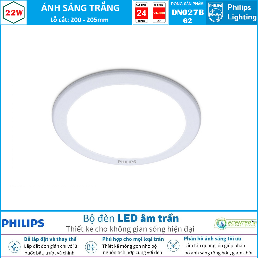 Đèn led âm trần 22w philips downlight dn027b led20 d200