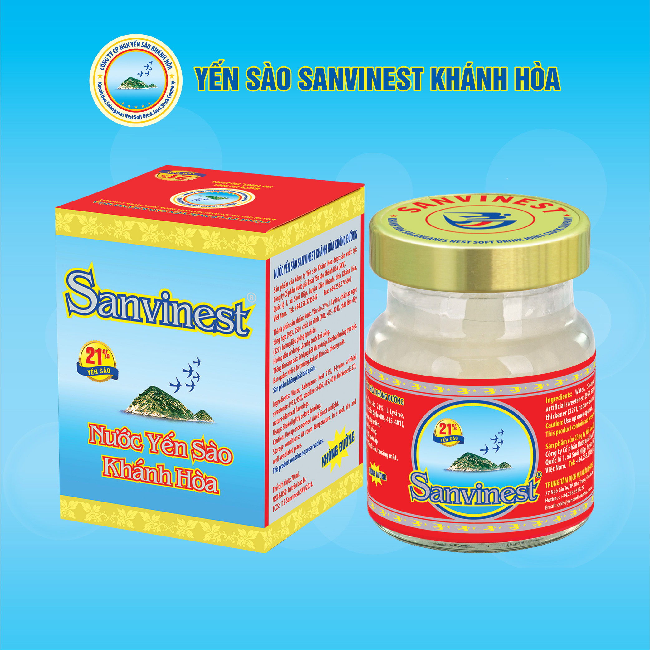 Yến sào không đường cho mọi độ tuổi Sanvinest. Nước Yến sào Khánh Hòa, lọ 70ml, Yến sào 21%, Thích hợp với người bị tiểu đường.