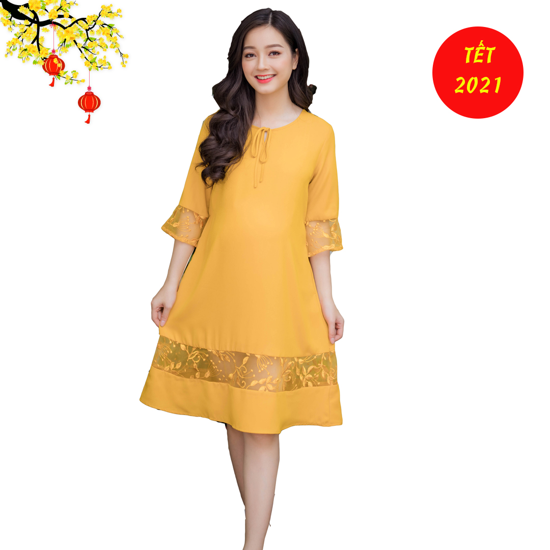 Đầm bầu cổ tròn phối ren tay Emum