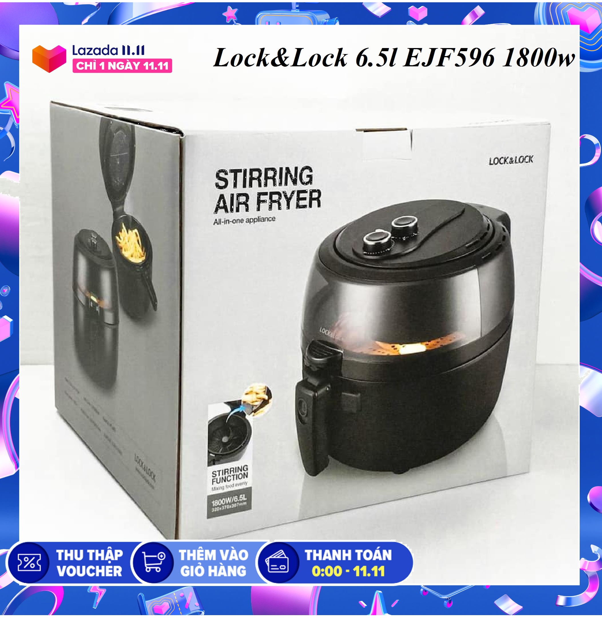 nồi chiên không dầu EJF586BLK Lock&Lock 6.5l tay đảo tự động,đèn led, nắp kính trong suốt quan sát bên trong, công nghệ inventer tiết kiệm điện