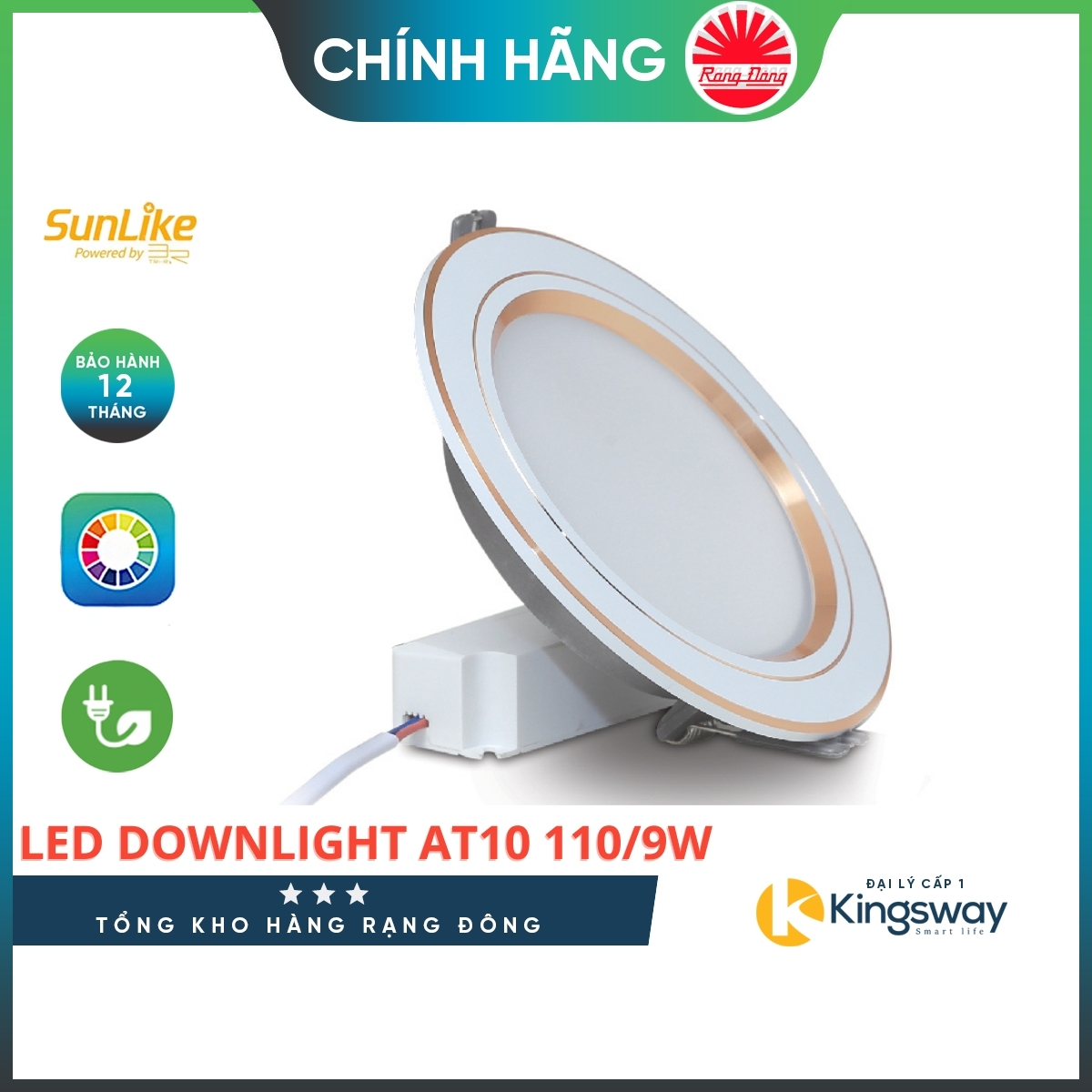 Đèn Âm Trần Rạng Đông Led Downlight D AT10L phi 110/9W, Viền Vàng, Viền Bạc, Vỏ nhôm sơn nano