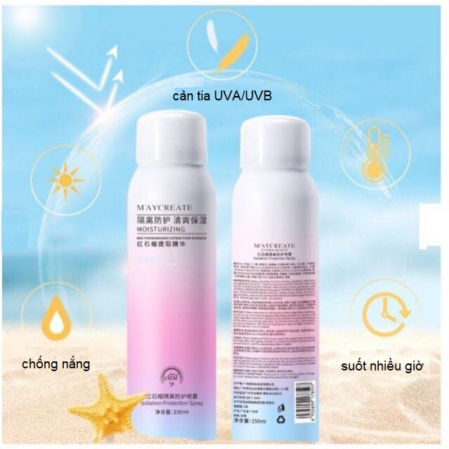 Kem chống nắng maycreate SPF 40 dạng xịt phun sương giúp thấm nhanh vào da, không gây nhờn rít, nâng tone da trắng sáng -chai 150ml
