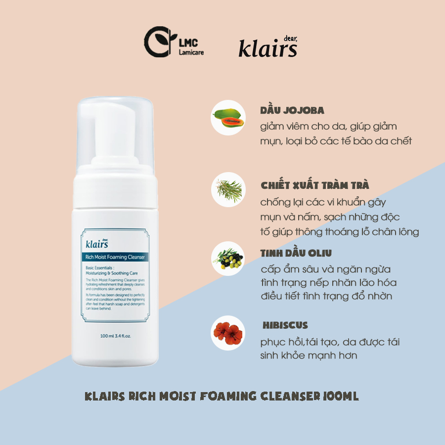 Sữa rửa mặt bạng bọt giữ ẩm cho da klairs rich moist foaming cleanser 100ml