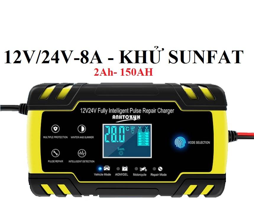 Sạc bình ắc quy 12V-24V/8A có khử sunfat bảo dưỡng phục hồi ắc quy thông minh tự ngắt khi đầy, sac binh ac quy 24v, sac xe dap dien,
