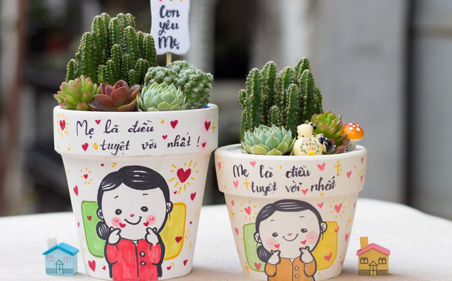 Chậu vẽ, chậu đất vẽ, quà tặng, quà tặng sinh nhật, chậu cây mini. chậu sen mini