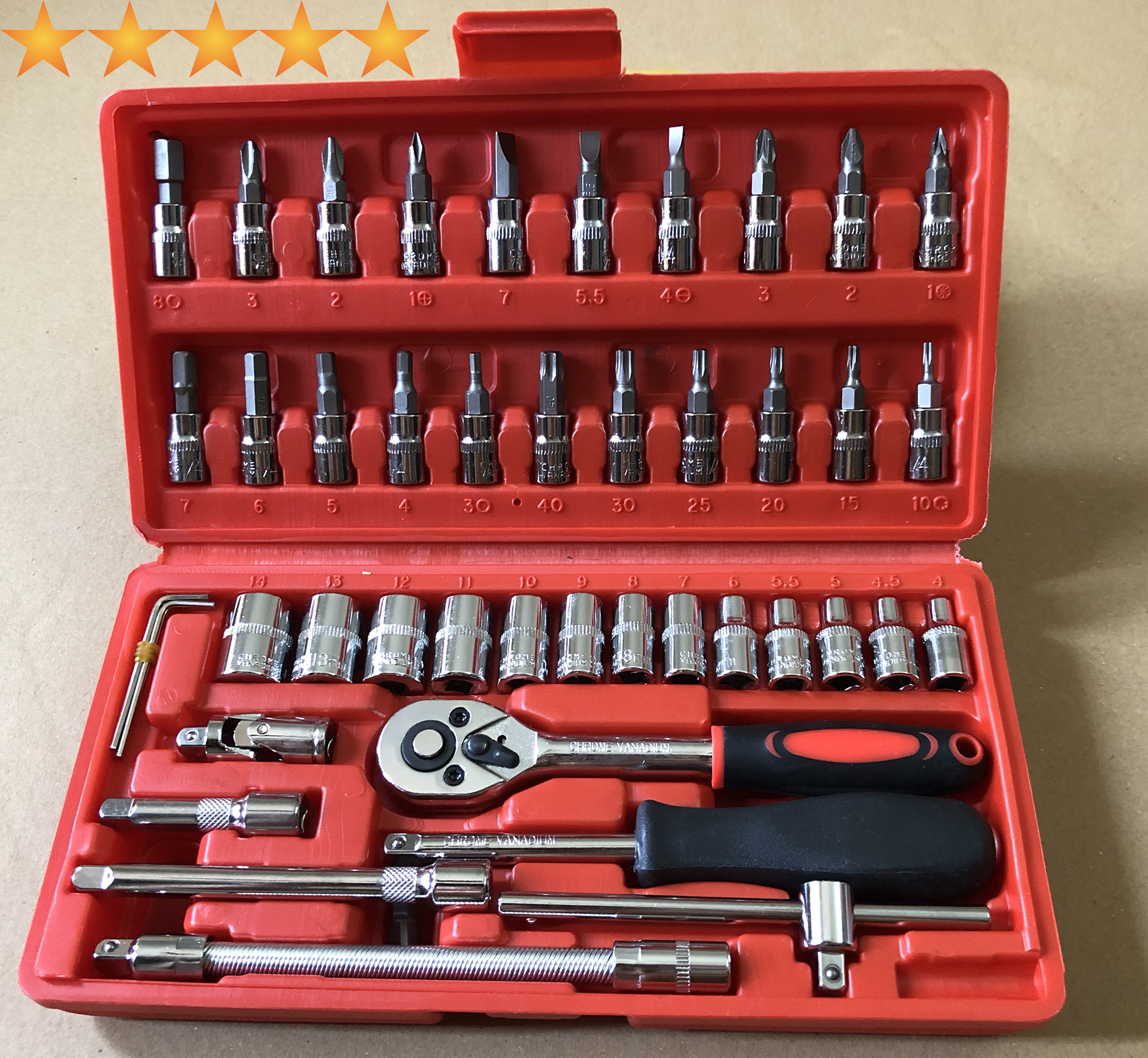 Bộ dụng cụ sửa chữa ô tô - xe máy đa năng 46 chi tiết làm bằng thép không gỉ, chắc chắn, sáng bóng